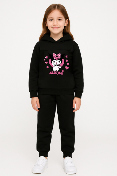 Let's Wear Premium Pink Kuromi Printed Kids Hooded Compact Sweatshirt Tracksuit Set - 2 Piece Sportswear Set