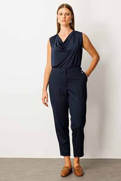 Ekol Women's Plus Size Elastic Waist Accessory Detailed Trousers 1043 Navy Blue