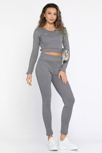 julude Dark Gray Women's Camisole Crop Blouse Tights Double Set