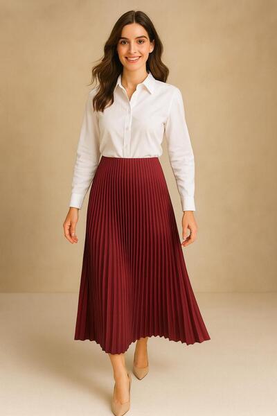 VOICTEC Double Pleated Elastic Waist Knitted Flared Skirt Standard Size (38-44 Compatible)