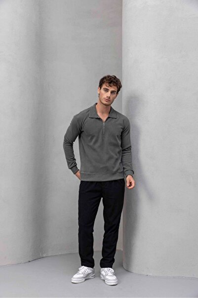 Valiberta Eric Relax Fit Yarım Fermuarlı Polo Yaka Selanik Kumaş Erkek Sweatshirt - Avcı Yeşili