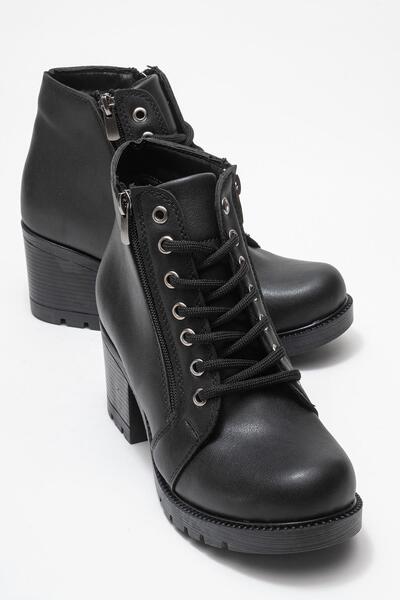 CCWAY AYAKKABI Γυναικείες μπότες με κορδόνια με τακούνι ΜΑΥΡΟ ΔΕΡΜΑ