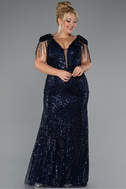 Abiyefon Lacivert Boncuklu Kısa Kol V Yaka Uzun Büyük Beden Abiye ABU5336