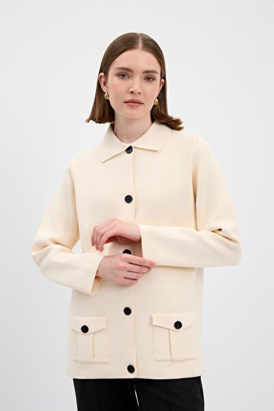 KADRİYE BAŞTÜRK Μονόχρωμο πλεκτό πουλόβερ με τσέπες και κοκάλινο σχέδιο