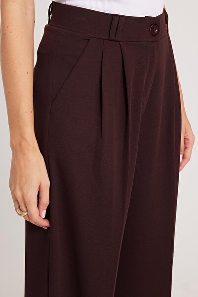 Tudors Kadın Regular Fit Klasik Kesim Yüksel Bel Geniş Paça Kahverengi Pantolon