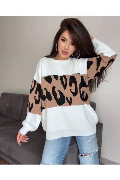 moda paketi Oversize Leopard Pattern Striped Knitwear Women's Sweater