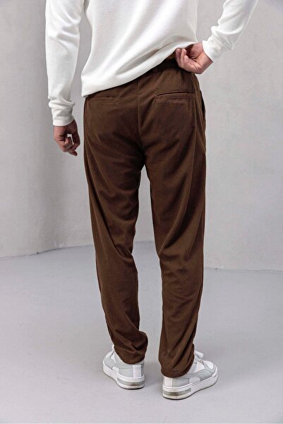 Valiberta Roy Regular Fit Elasticated Ribbed Velvet Fabric Zippered Jogger Men's Trousers - Brown