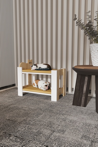 Mercie OTİS Ahşap Kedi - Köpek Yatağı - RANZA - SÜNGERLİ - S.MEŞE - BEYAZ