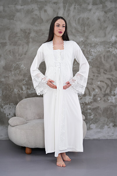 Lohusa Homewear Set de 2 cămăși de noapte din bumbac cu design special ecru p...