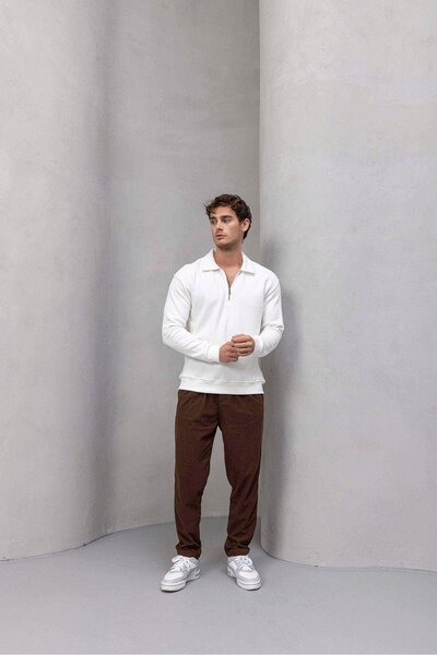 Valiberta Roy Regular Fit Elasticated Ribbed Velvet Fabric Zippered Jogger Men's Trousers - Brown