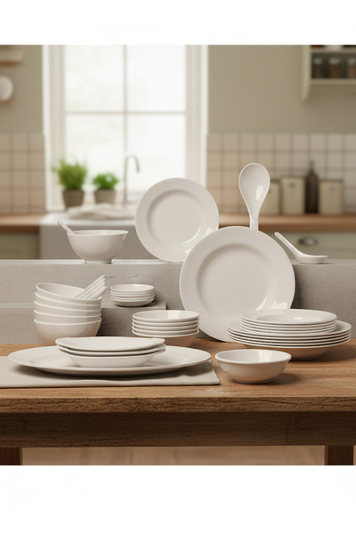 Bin Shihon Luxury 40-piece melamine dinner set for 6 people, white, microwave and dishwasher safe