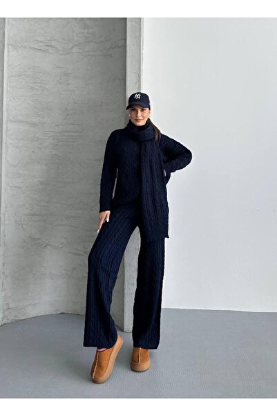 mylunessa Navy Blue Scarf Hair Braided Knitwear Trouser Set