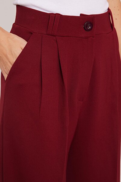 Tudors Kadın Regular Fit Klasik Kesim Yüksel Bel Geniş Paça Bordo Pantolon