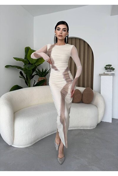 EtikaOnline Nayra Tül Tasarım Uzun Kollu Midi Elbise