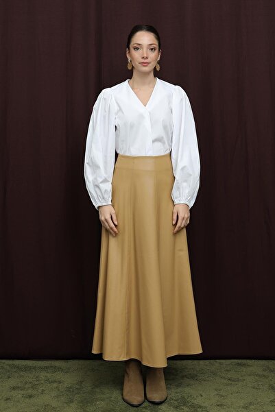 Puane Fusta din piele cu fermoar pentru femei - 18203ETK - Bej închis