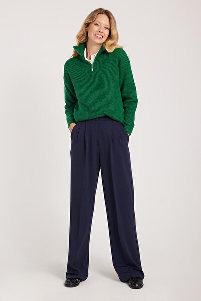 Tudors Kadın Regular Fit Klasik Kesim Yüksel Bel Geniş Paça Lacivert Pantolon