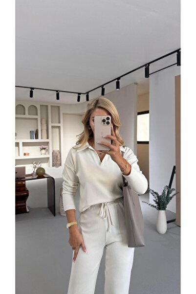 Sezgi Tekin Polo Yaka Fitilli Krem Takım