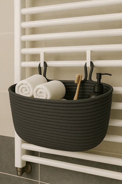 MaVaux Coș decorativ pentru baie cu umeraș – 18×40×16 cm – Organizator de depozitare și organizare COȘ DE JUTĂ DE PALĂ ORGANIZATOR ARTIZANAL