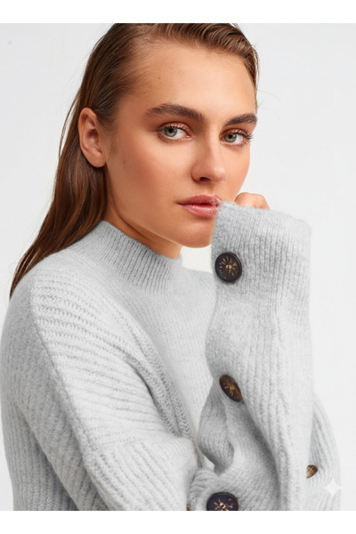 Dilvin 1237 Half Fisherman Sleeve Buttoned Knitwear Dress Gray Melange