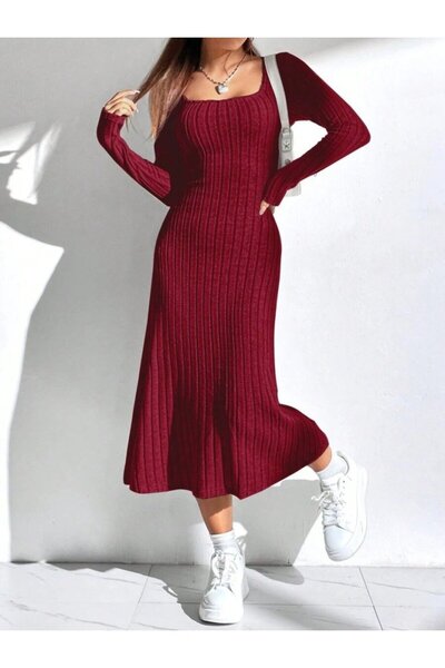 MODA Trend uzun kollu kare yaka kadın elbise
