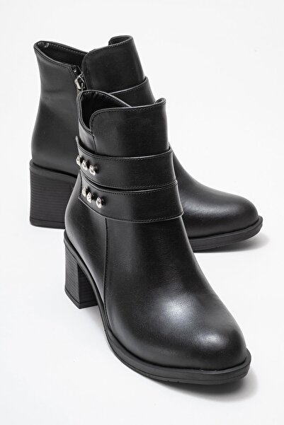 CCWAY AYAKKABI Γυναικείες μπότες με διπλή ζώνη με πέτρινο τακούνι ΜΑΥΡΟ ΔΕΡΜΑ