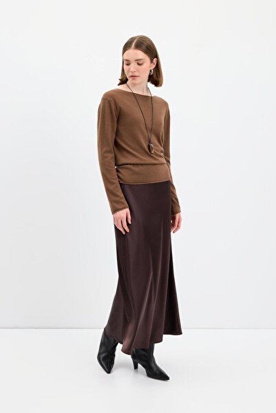KADRİYE BAŞTÜRK Long Pencil Satin Skirt Brown