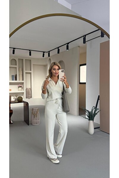 Sezgi Tekin Polo Yaka Fitilli Krem Takım