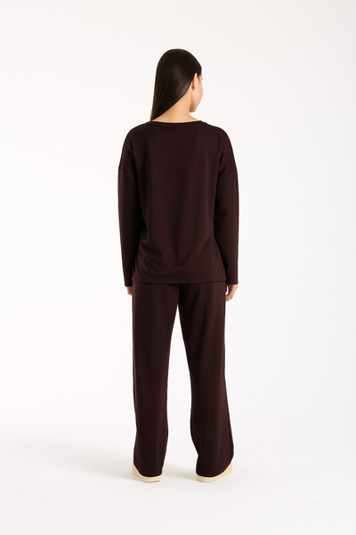 MERİCEY Women's Brown Modal Long Sleeve Top and Bottom Set
