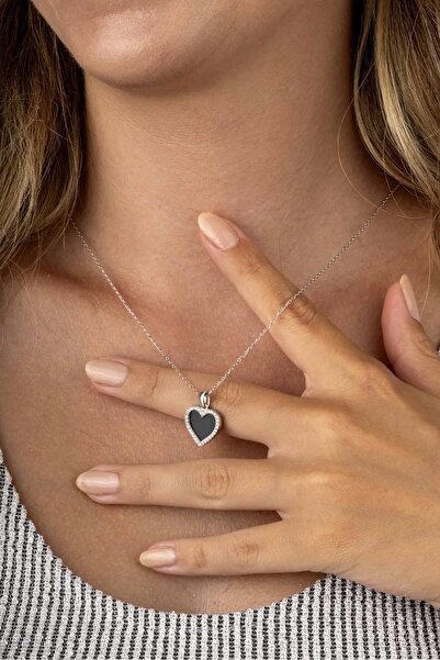 Gümüş Pazarım Oniks Taşlı Beyaz Altın Kaplama 925 Ayar Gümüş Kadın Kolye