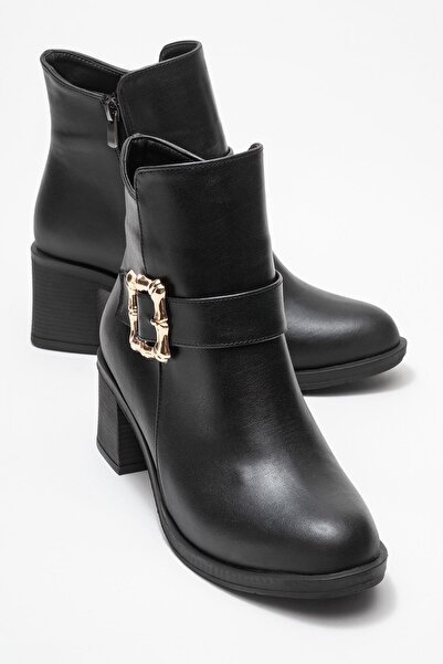 CCWAY AYAKKABI Cizme de damă cu toc mare cu cataramă aurie PIELE NEGRĂ