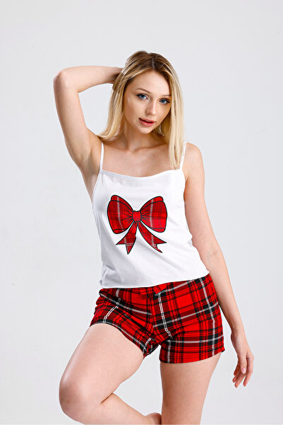 MOONBULL Γυναικεία καρό μπλούζα με στάμπα κορδέλας και τιράντες - Σετ καρό σο...