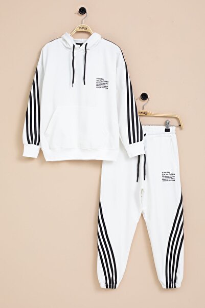 Cansın Mini White Stripe Detailed Text Printed Hooded Boys' Tracksuit Set 21450