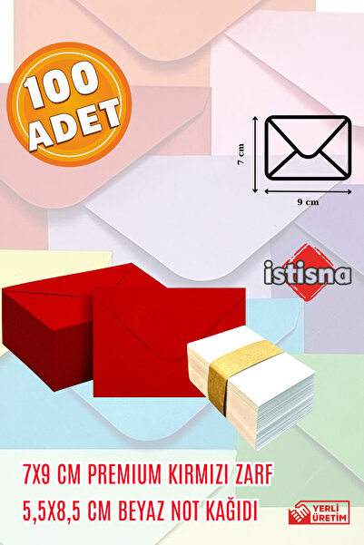 İstisna 100 Adet 7x9 Cm Kırmızı Zarf Beyaz Not Kağıdı Sevimli Mini Kart Zarfları