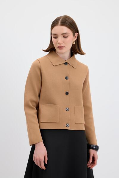 KADRİYE BAŞTÜRK Düz Renk Midi Triko Hırka Camel