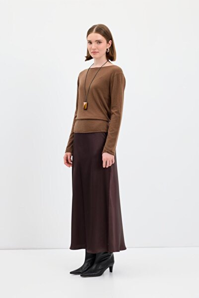 KADRİYE BAŞTÜRK Long Pencil Satin Skirt Brown