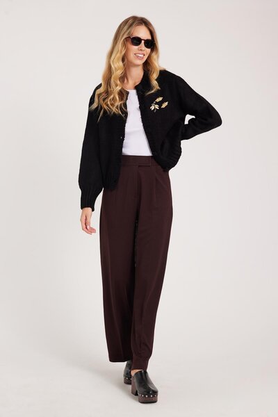 Tudors Women's Regular Fit Classic Cut Velcro Closure Wide Leg Burgundy Trousers