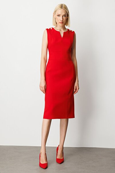 Ekol Women's Ornamental Button Detailed Sleeveless Dress 4015 Red