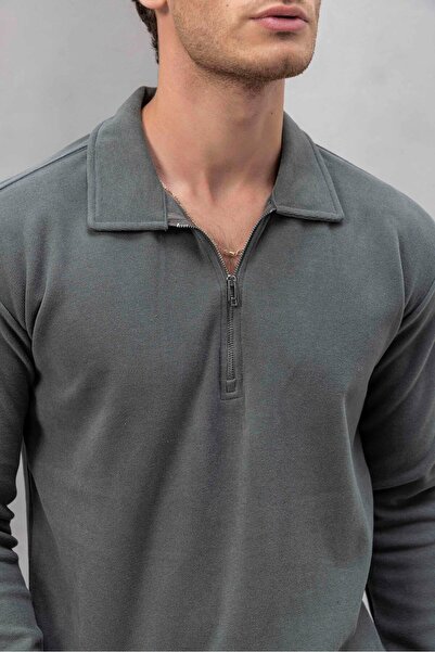 Valiberta Eric Relax Fit Half Zip Polo Neck Thessaloniki Fabric Men's Sweatshirt - Hunter Green