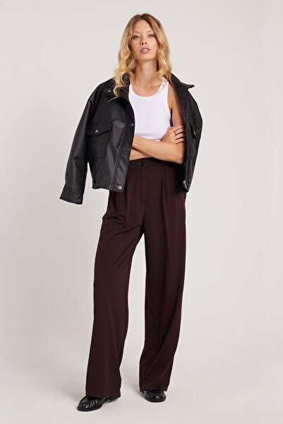 Tudors Kadın Regular Fit Klasik Kesim Yüksel Bel Geniş Paça Kahverengi Pantolon