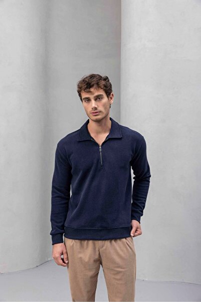 Valiberta Eric Relax Fit Півзастібка-блискавка Поло-комір Селонік Тканина Чоловічий Світшот - Синій