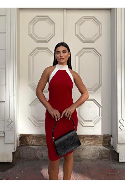 Modafeminen Crepe Stretch Fabric Turtleneck Garnished Evening Dress 583318 Red