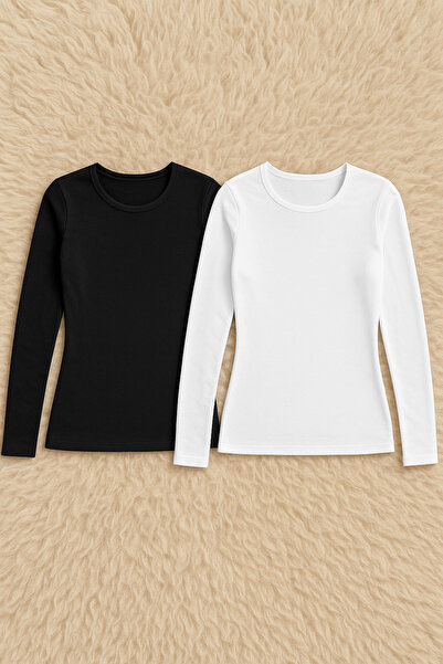 Lienna قميص داخلي نسائي من القطن والليكرا بأكمام طويلة من القطن الممشط مكون من قطعتين L6K0K2T3KA