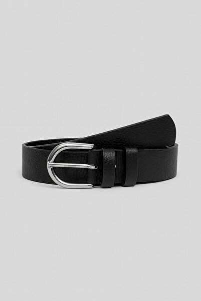 Çantacımstore Women's Faux Leather Belt Black with Silver Oval Buckle