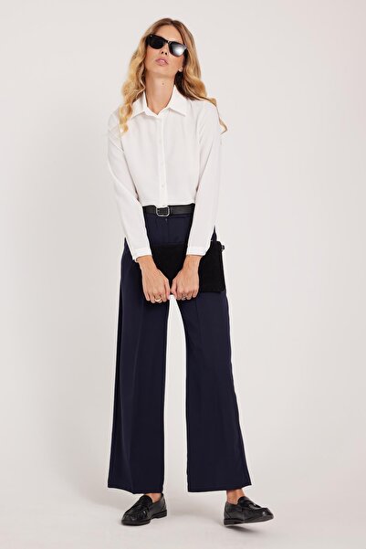 Tudors Women's Regular Fit Classic Cut Velcro Closure Palazzo Navy Blue Trousers