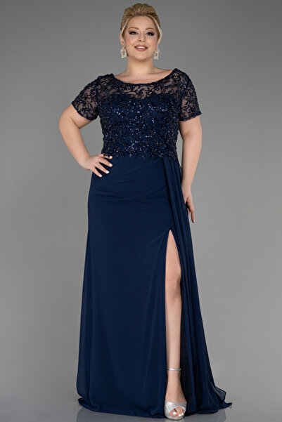 Abiyefon Lacivert Kısa Kol Üstü İşlemeli Uzun Büyük Beden Abiye ABU3731