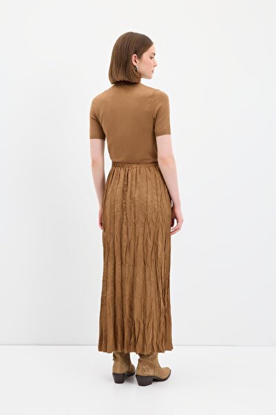 KADRİYE BAŞTÜRK Wrinkled Look Long Suede Skirt Tan