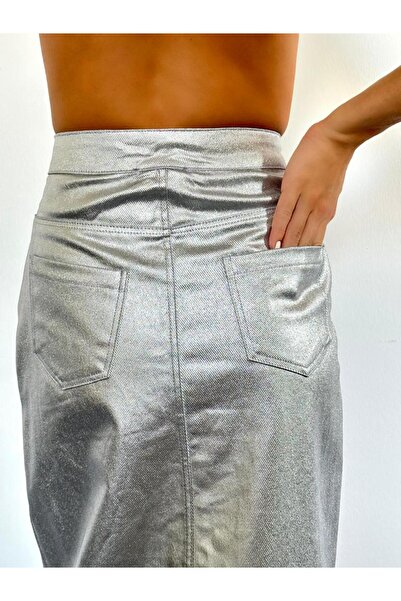 Vaveyy Silver Leaf Gabardine Slit Skirt