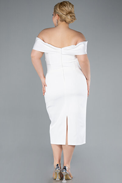 Abiyefon Ekru Saten Kayık Yaka Midi Büyük Beden Davet Elbisesi ABK2321
