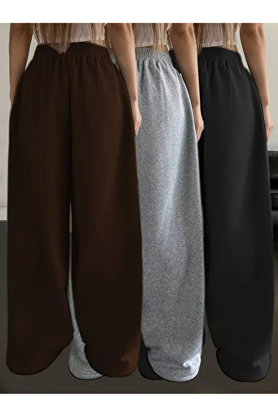 LOUİSA Pachet de 3 pantaloni de sport pentru femei, gri-negru-maro, cu model în relief, cu formă lejeră