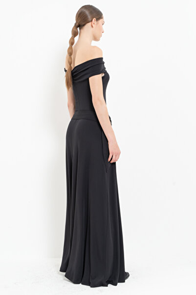Kikiriki Black Belt Detailed Boat Neck Long Dress